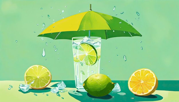 우산을 쓴 차가운 라임 물의 그림