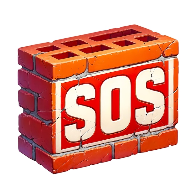 Illustration of collapsed brick structure in red and orange with white SOS for emergencies