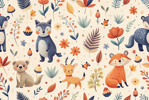 Illustration of a collection of cute animals and plants with flowers