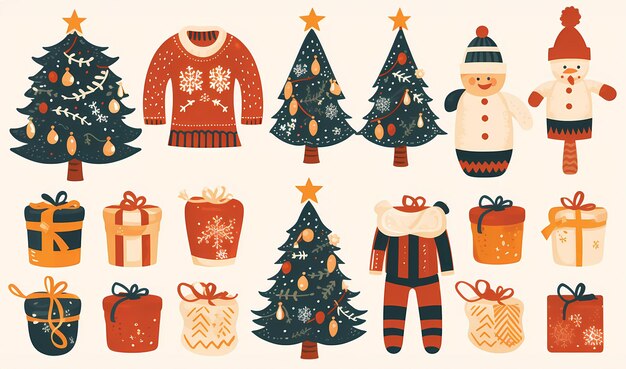 An illustration of a collection set of Christmas decorations on a white background