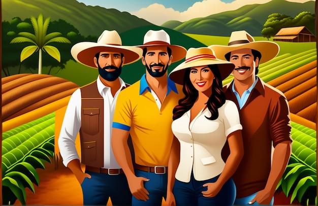 Illustration of colombian family with farm background