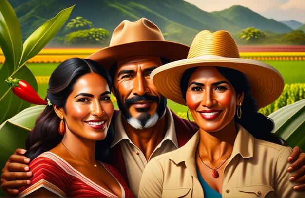 Illustration of colombian family with farm background