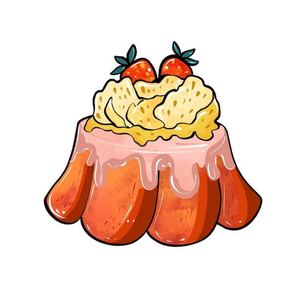 Illustration of a colored drawing of sweets red brown cake pudding drizzled with cream and decorated