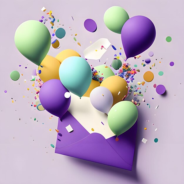 Foto illustrazione palloncini colorati e confetti che volano fuori da una busta viola su uno sfondo luminoso festa di capodanno e celebrazioni