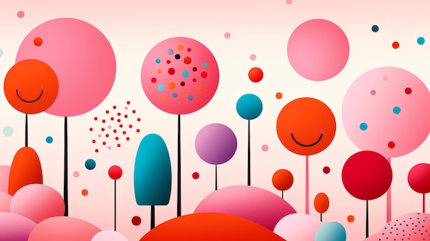 an illustration of colorful balloons and trees on a pink background