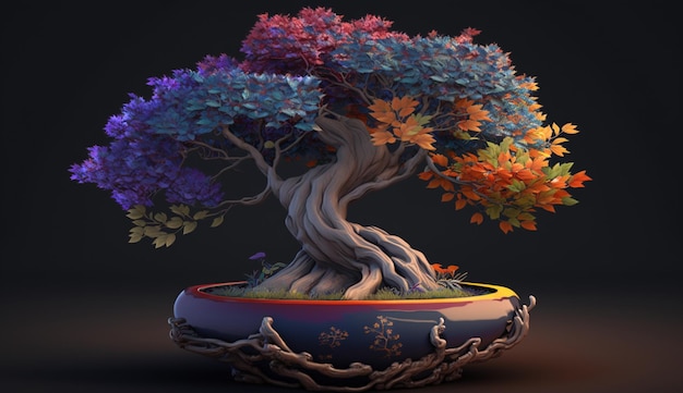 Illustration of Colorful Bonsai in Ceramic Planter Generative AI