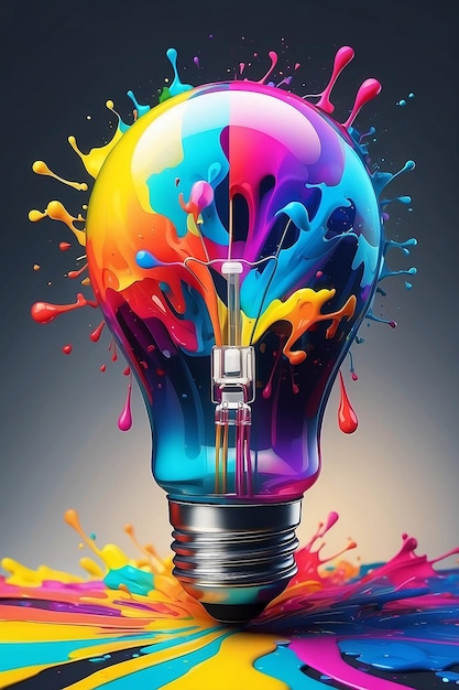 Иллюстрация красочной лампочки с всплеском цветов Генеративный ИИ