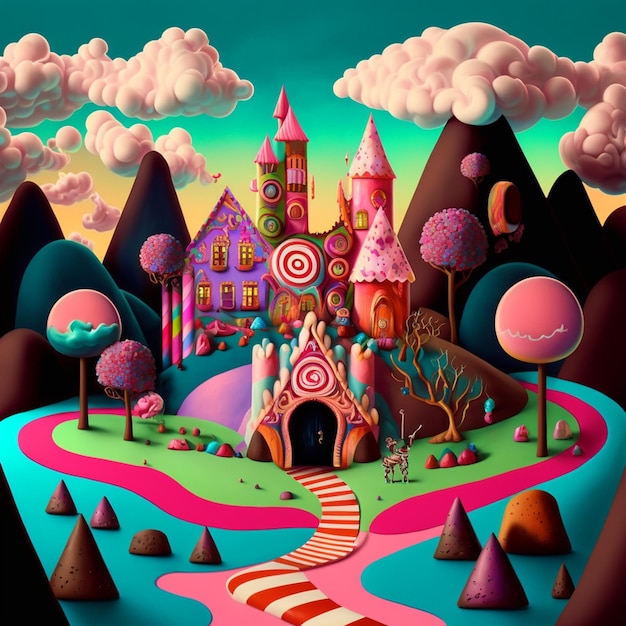 Foto illustrazione di una colorata terra di caramelle con un castello e un sentiero di caramele generativo ai