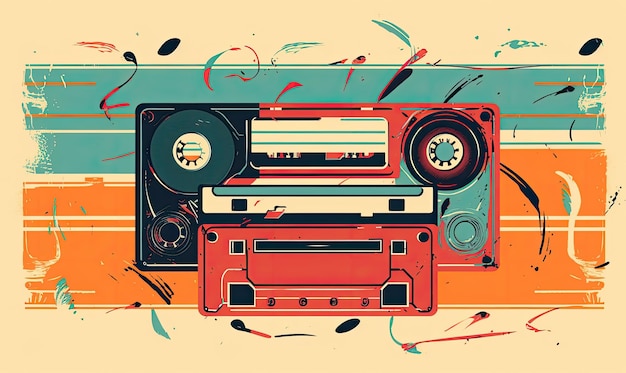 Illustration of a colorful cassette tape with ribbon Creating using generative AI tools