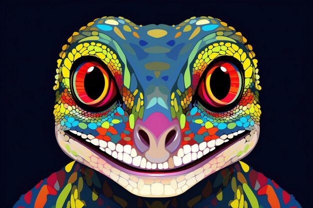 Illustration of a colorful chameleon head on a dark background