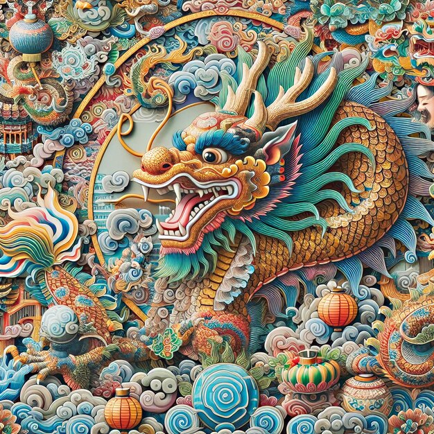 Illustration of colorful chinese dragon on colorful chinese elements decoration background