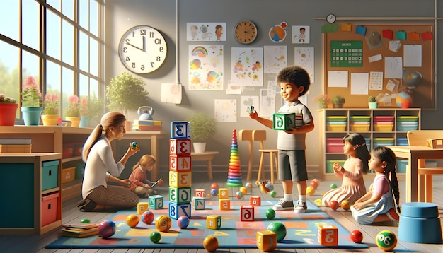 Illustration of a colorful classroom scene with children learning featuring numbers letters a clo