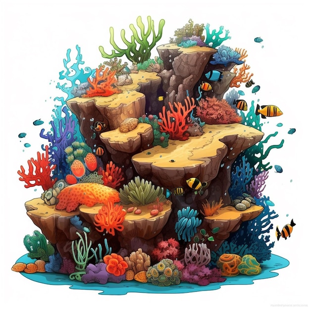 illustration of a colorful coral reef with fish and corals generative ai