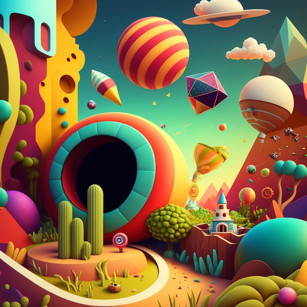 Illustration of a colorful desert with a cactus and a house generative ai