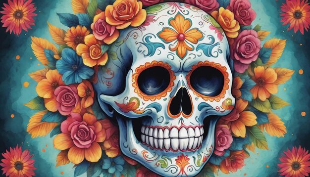 Иллюстрация красочного черепа Dia De Los Muertos для Cinco De Mayo