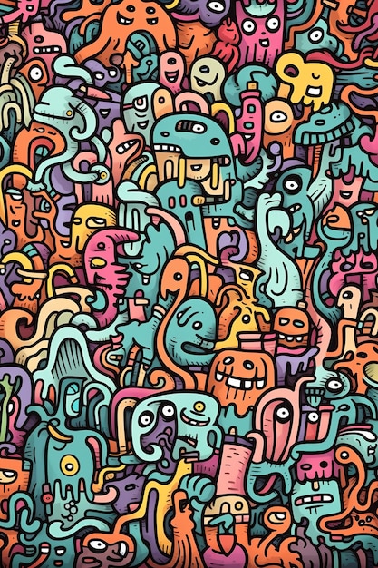 Photo illustration of colorful doodle crowd cute alien and monster created with generative ai technology