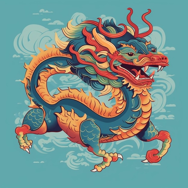 Illustration of a colorful dragon with a long tail and a long tail generative ai