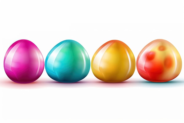 Generative AI 기술로 만든 흰색 배경에 다채로운 부활절 달걀이 일렬로 배열된 그림