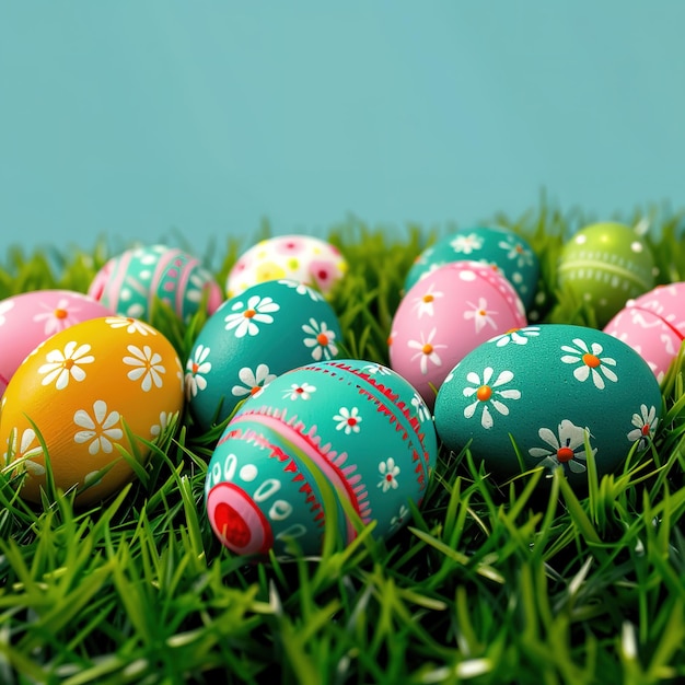 Photo illustration of colorful egg lying on the grass for celebrate easter