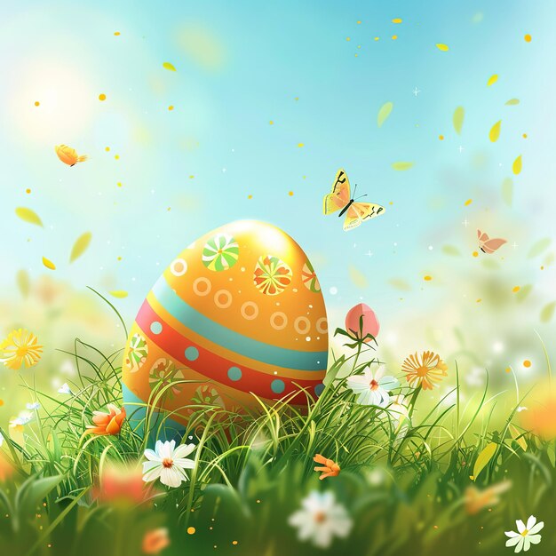 illustration of colorful egg lying on the grass with flowers and butterfly for celebrate easter