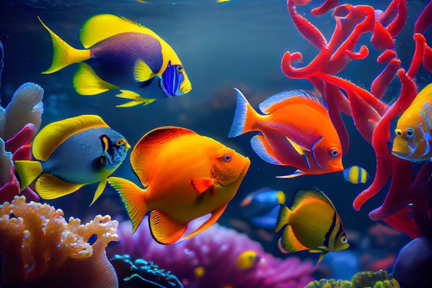 Illustration of colorful fish in the red sea Generative AI Generative AI