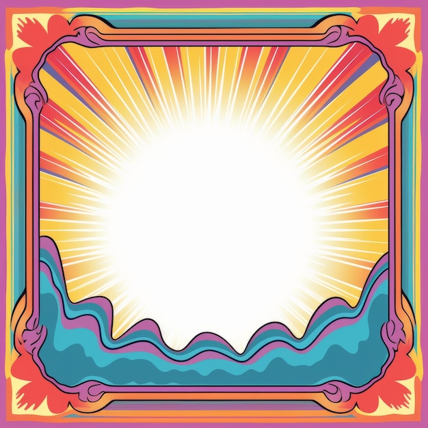 an illustration of a colorful frame with a sun in the background