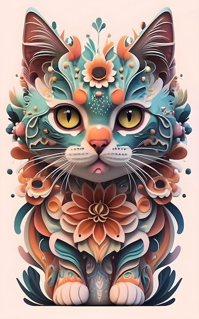 写真 アベック・アム・ジョシアス・セヴェロによる花の形で作られたカラフルな未来主義的な可愛い猫アート