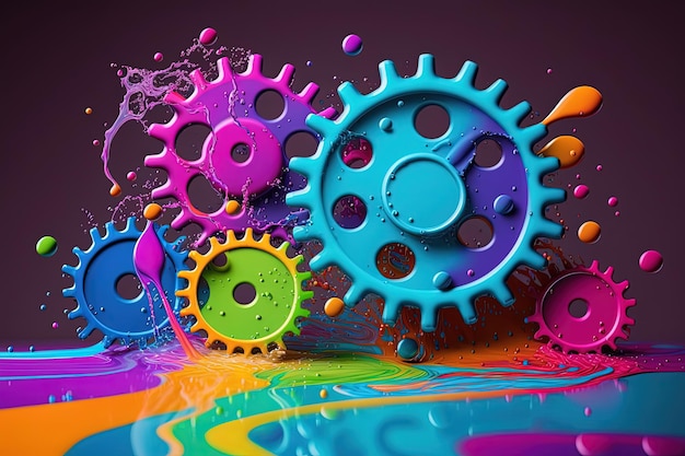 Illustration of colorful gears and dripping paint colorful background Generative AI