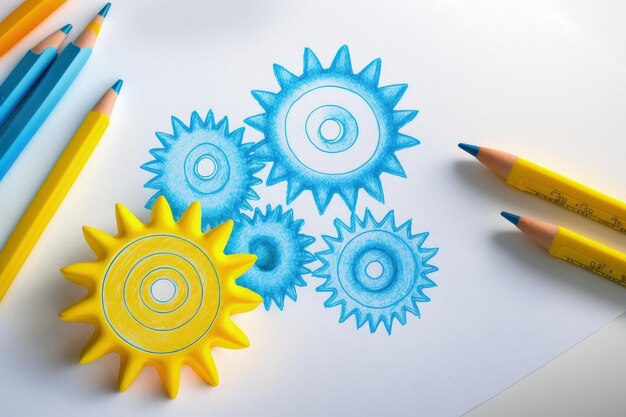 Illustration of colorful gears pencil and paper concept of ideas and creativity Generative AI