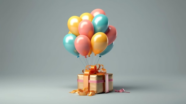 Illustration of a colorful gift box with balloons and a pretty bow