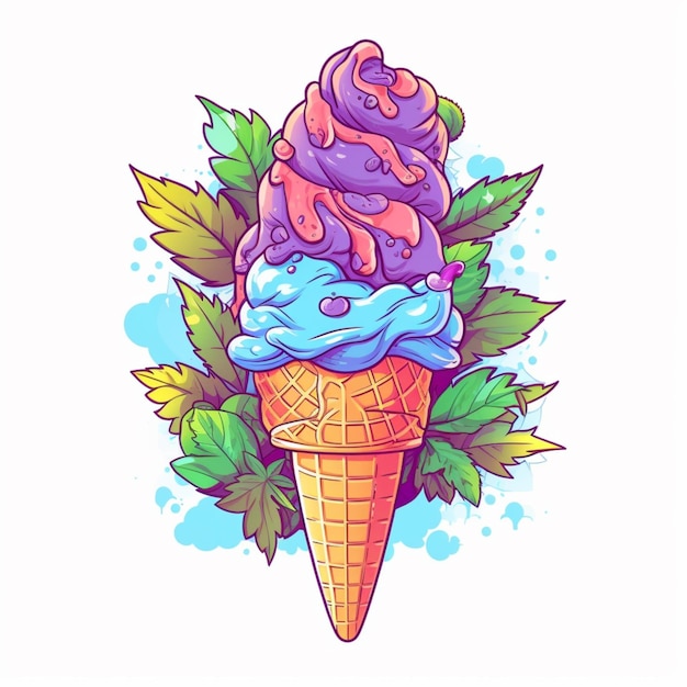 Photo illustration of a colorful ice cream cone with leaves and berries generative ai