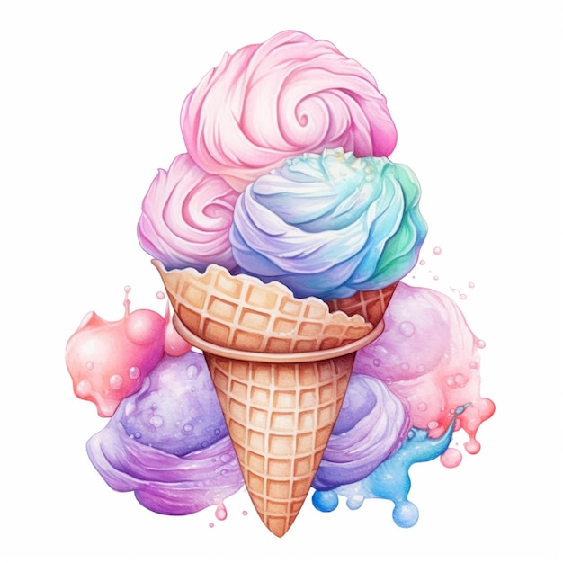 Illustration of a colorful ice cream cone with swirls and bubbles generative ai