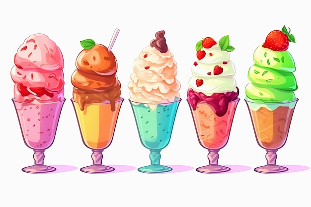 Иллюстрация красочного мороженого в чашках на белом фоне