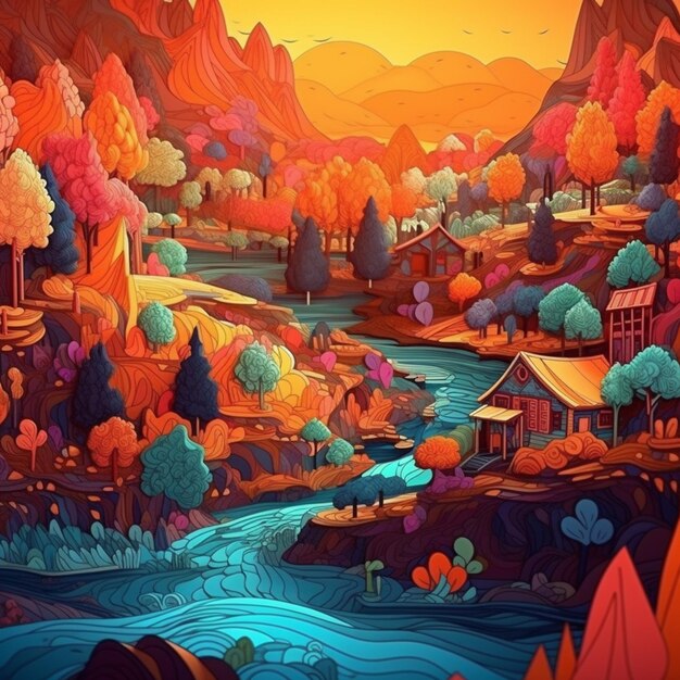 Illustration of a colorful landscape with a river and a village generative ai