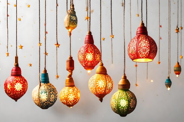 Illustration of colorful lanterns on a white background with confetti