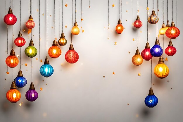 Photo illustration of colorful lanterns on a white background with confetti