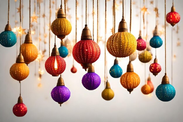 Photo illustration of colorful lanterns on a white background with confetti