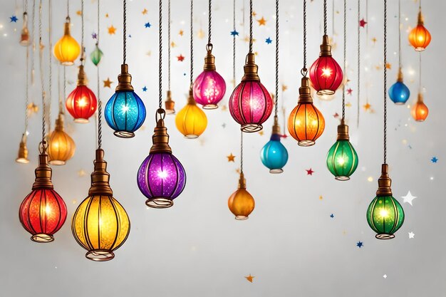 Photo illustration of colorful lanterns on a white background with confetti