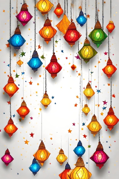 Illustration of colorful lanterns on a white background with confetti