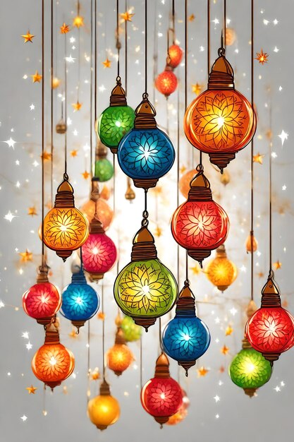 Illustration of colorful lanterns on a white background with confetti