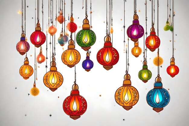 Illustration of colorful lanterns on a white background with confetti