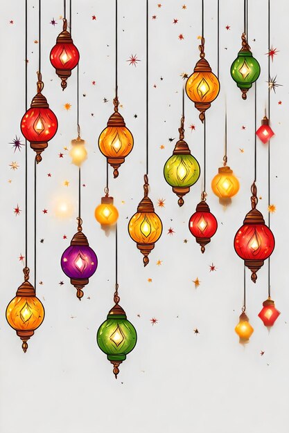 Photo illustration of colorful lanterns on a white background with confetti