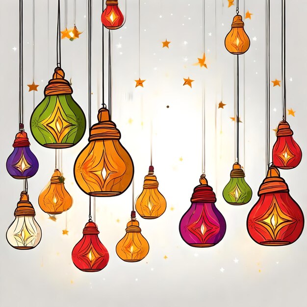 Foto illustrazione di lanterne colorate su uno sfondo bianco con confetti