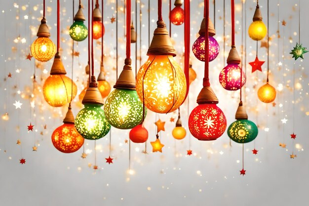 Illustration of colorful lanterns on a white background with confetti