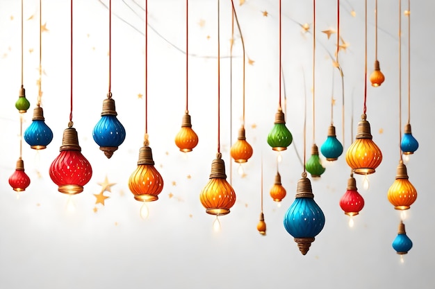 Photo illustration of colorful lanterns on a white background with confetti