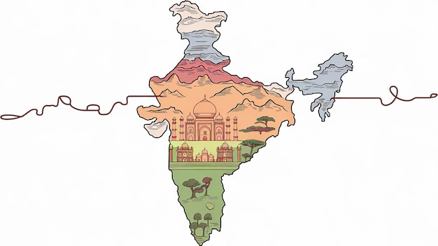 Photo illustration of colorful map illustration of india with cultural landmarks generative ai