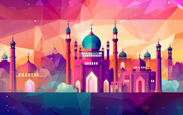 Illustration of a colorful mosque with a blue dome and a pink sky generative ai