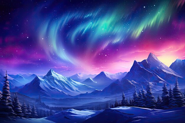 Illustration of a colorful northern lights in winter mountains