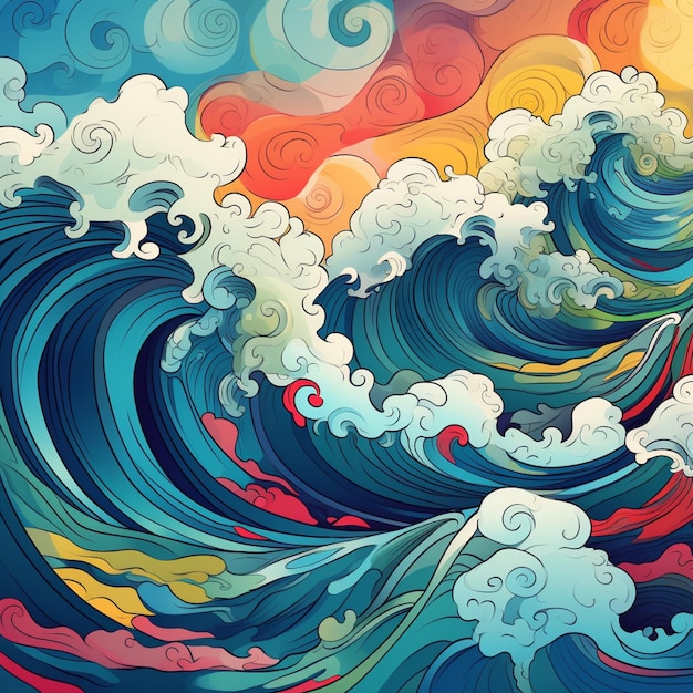 illustration of a colorful ocean wave with clouds and sun in the background generative ai