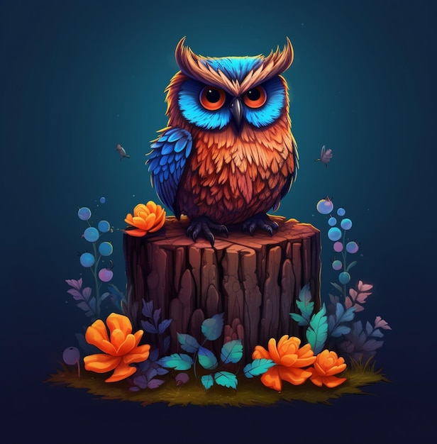 Illustration of a colorful owl sitting on a stump with flowers generative ai